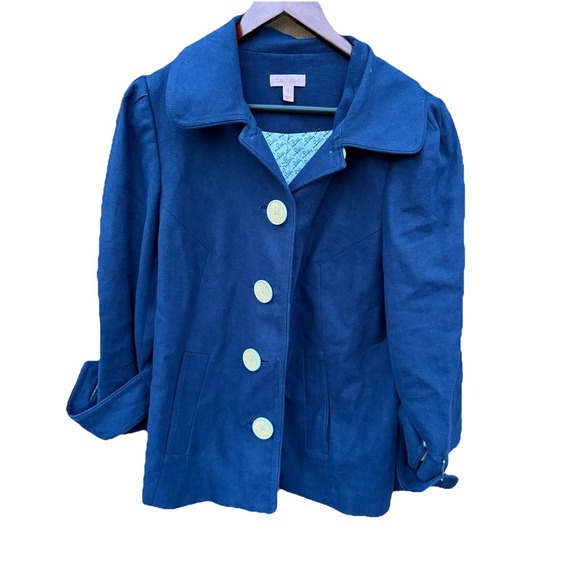 Lilly Pulitzer Jackets & Blazers - Lilly Pulitzer Women's Navy Blue Linen‎ Blend Coat Jacket Button Up Size 14 READ